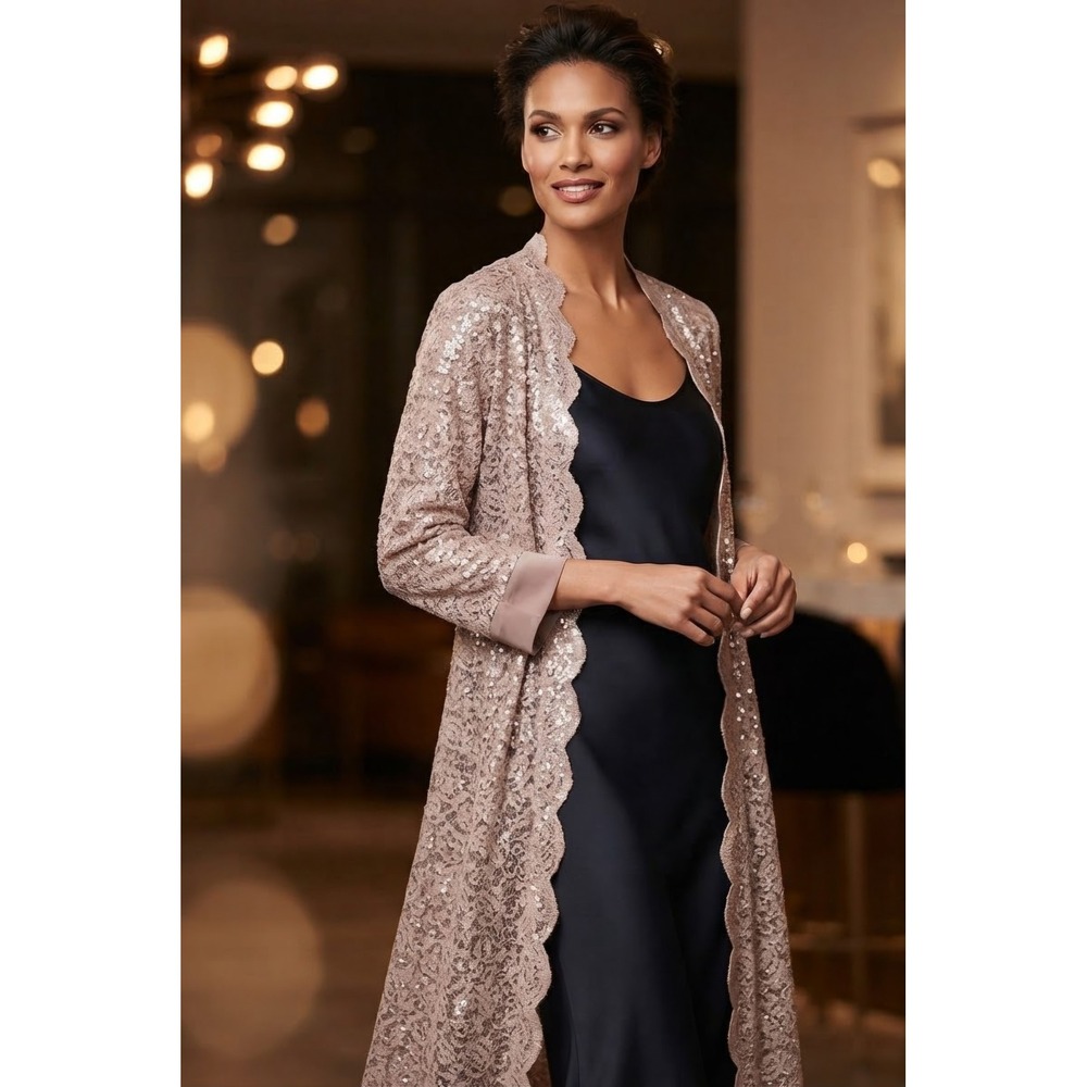 R&M Richards Woman Champagne Sequin Lace Duster Jacket 14W Formal Evening Layer